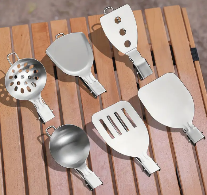 Kits de Utensílios De Cozinha Dobráveis em Aço Inoxidável Multifuncional para Acampamentos e Atividades ao Ar Livre.